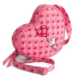 Heart-shaped pink crossbody bag featuring Snoopy and red heart patterns, complete with an adjustable strap and zipper closure.
