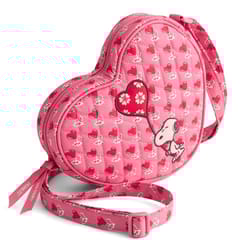 Heart-shaped pink crossbody bag featuring Snoopy and red heart patterns, complete with an adjustable strap and zipper closure.