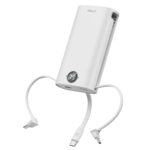 A white iWALK power bank with built-in cables featuring USB-C and Lightning connectors, a digital battery percentage display, and a compact design.