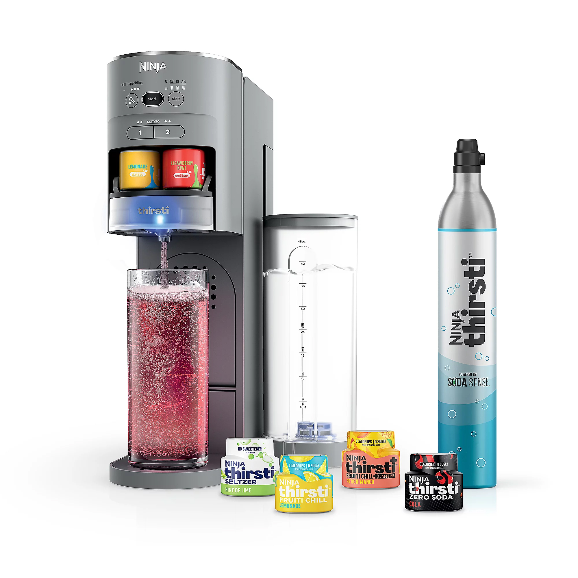 The Ninja Thirsti Drink Maker is a beverage machine that offers customizable drinks with flavor pods and a Soda Sense CO2 cylinder. It includes seltzer and fruit chill options like Bonsai Mango and Lemonade.