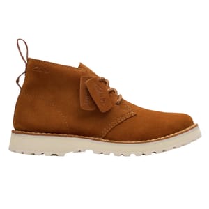 Clarks Men's Solsbury Desert Boot features a tan suede upper with lace-up design, pull tabs at the heel, and a contrasting white rubber sole for added grip and comfort.