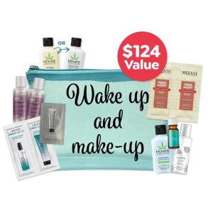 A cosmetics bag labeled \“Wake up and make-up\“ includes Hempz lotion, Mizani Press Agent, Joico shampoo and products, Alum hair oil, and Fashionista beauty product samples. The set is valued at $124.