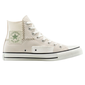 A high-top Converse All Star sneaker featuring a patch-like design with visible stitching, in a light beige color with a green logo patch.