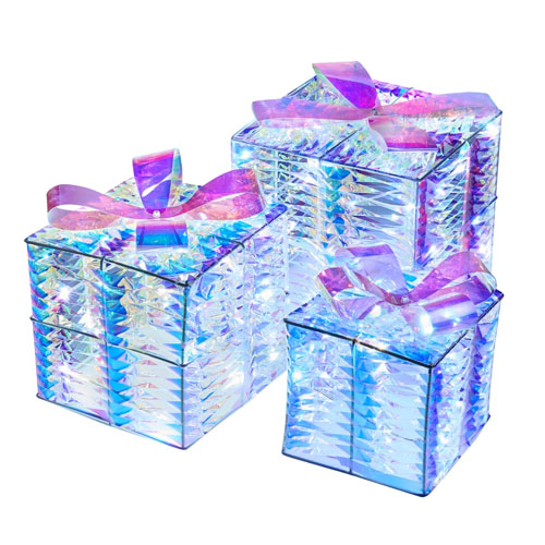 Three iridescent gift boxes with glowing lights and decorative ribbons, varying in size; small, medium, and large.