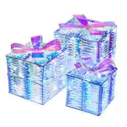 Three iridescent gift boxes with glowing lights and decorative ribbons, varying in size; small, medium, and large.