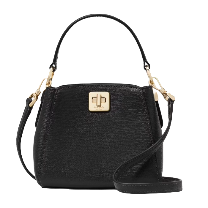 A black leather handbag with gold-tone hardware, featuring a structured silhouette, a top handle, and a detachable shoulder strap.