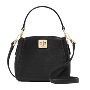 A black leather handbag with gold-tone hardware, featuring a structured silhouette, a top handle, and a detachable shoulder strap.