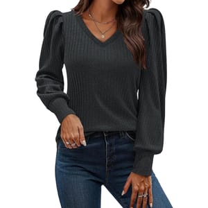 Dark gray, ribbed V-neck sweater with long puffed sleeves, paired with blue jeans.