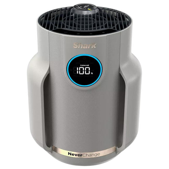 Shark air purifier with a circular display on the front and labeled \“NeverChange\“ at the bottom, featuring a sleek design.