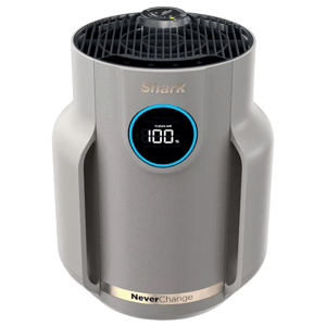 Shark air purifier with a circular display on the front and labeled \“NeverChange\“ at the bottom, featuring a sleek design.