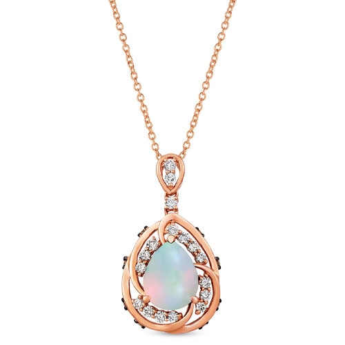 A rose gold teardrop-shaped pendant with a central opal surrounded by a swirl of small white and black diamonds, hanging from a delicate chain.
