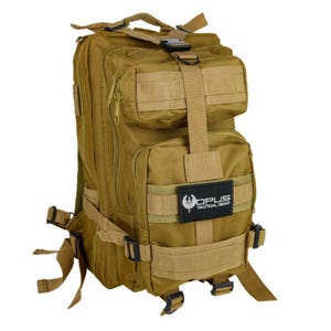 A khaki 22L hiking backpack with multiple zippered compartments, MOLLE webbing, and adjustable straps. Featuring a \“Opus Tactical Gear\“ patch on the front pocket.
