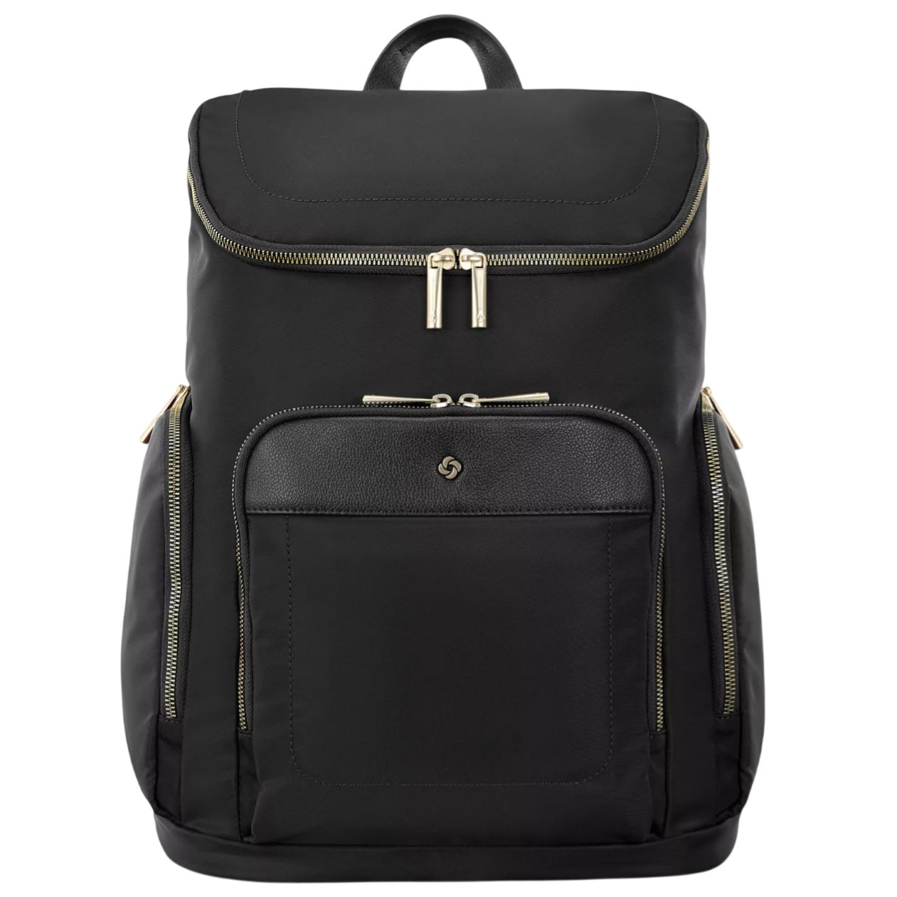 A sleek black backpack with gold zippers and a central front zippered pocket, featuring a subtle emblem.