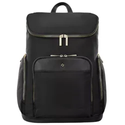 A sleek black backpack with gold zippers and a central front zippered pocket, featuring a subtle emblem.