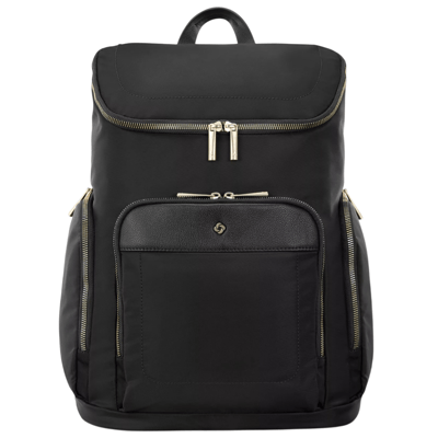 A sleek black backpack with gold zippers and a central front zippered pocket, featuring a subtle emblem.