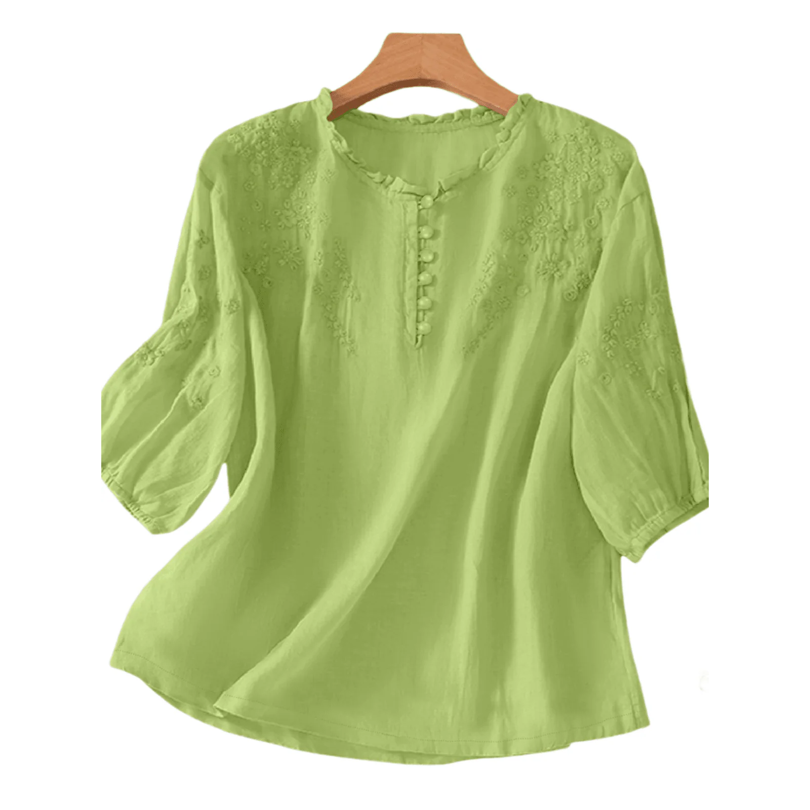 Light green blouse with floral embroidery, round neck, three-quarter sleeves, and button details on the front.