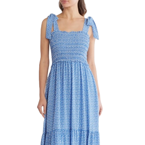 A blue maxi dress featuring tie straps and a smocked bodice with a delicate pattern throughout, offering a relaxed and feminine silhouette.
