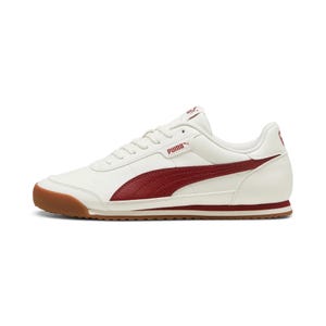White Puma sneaker with a burgundy side stripe and brown gum sole.