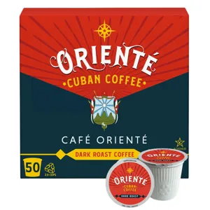 Café Oriente Cuban Coffee, Dark Roast, 50-count pack, K-Cup format. Kosher-certified with a bold flavor.