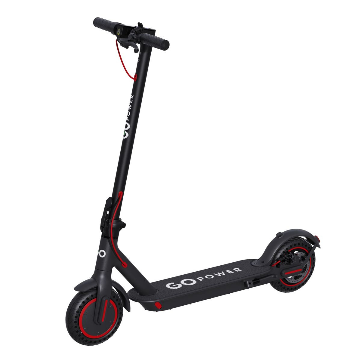 A black electric scooter with red accents and the brand name \“GO Power\“ on the deck and handlebar stem.