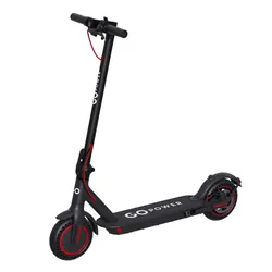A black electric scooter with red accents and the brand name \“GO Power\“ on the deck and handlebar stem.