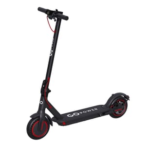 A black electric scooter with red accents and the brand name \“GO Power\“ on the deck and handlebar stem.
