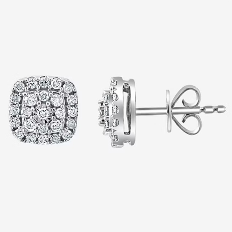A pair of square-shaped stud earrings with multiple small diamonds set in a metal base, shown from the front and side views.