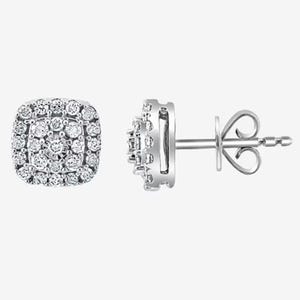 A pair of square-shaped stud earrings with multiple small diamonds set in a metal base, shown from the front and side views.