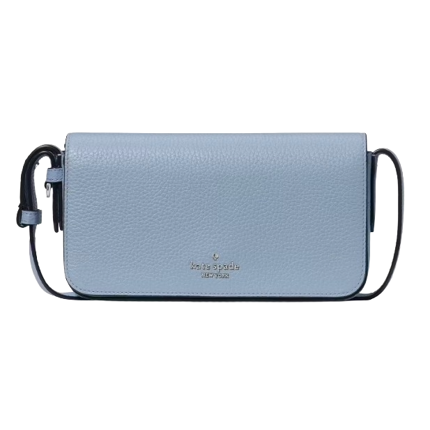 A light blue Kate Spade crossbody bag with a pebbled leather texture, featuring a compact design and a simple strap.