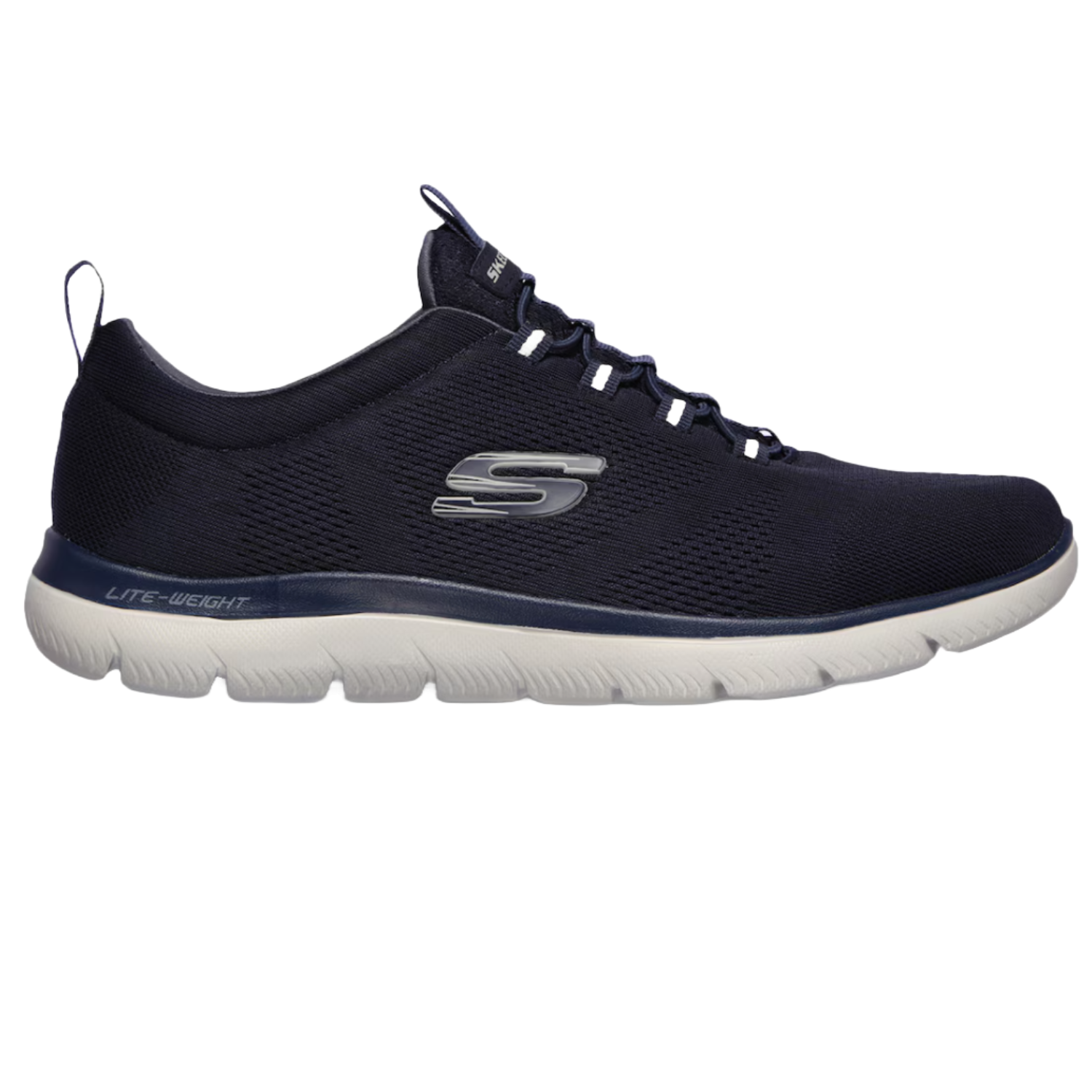 Navy blue Skechers Men's Summits Sneakers with a lightweight design featuring a lace-up front, a white sole, and the Skechers logo on the side.