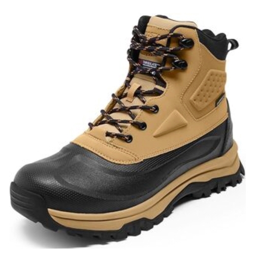 Men's winter boots in tan and black with a high-cut design, featuring rugged soles, lace-up closure, and durable, insulated material for warmth and traction.