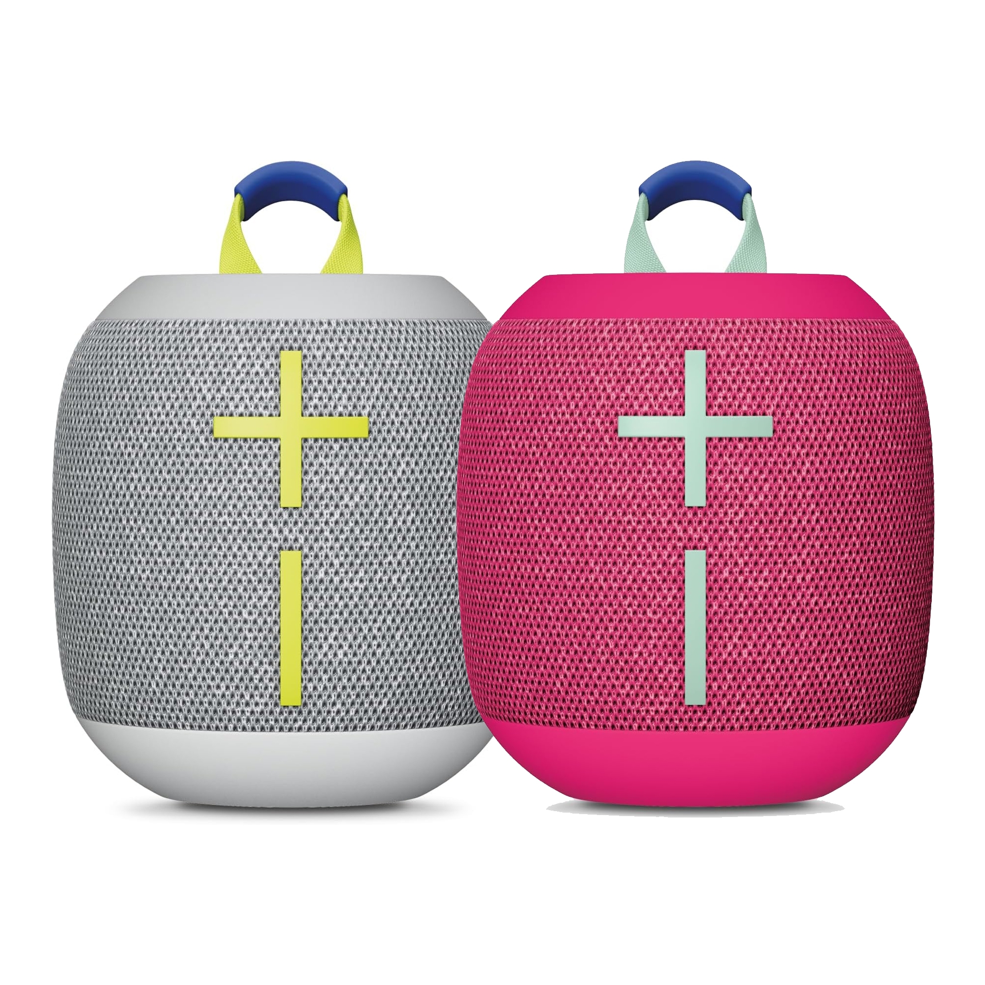 Two Logitech UE Wonderboom4 speakers, one gray and the other pink, feature a cylindrical design with mesh texture, large volume buttons, and a top carrying loop.