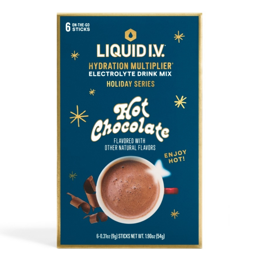 Liquid I.V. Hydration Multiplier Electrolyte Drink Mix, Holiday Series, Hot Chocolate flavor; contains 6 on-the-go sticks, each weighing 9g, totaling 54g.