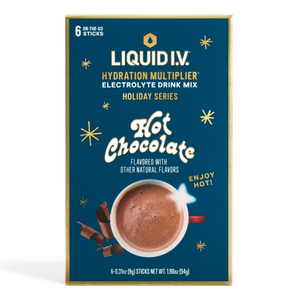 Liquid I.V. Hydration Multiplier Electrolyte Drink Mix, Holiday Series, Hot Chocolate flavor; contains 6 on-the-go sticks, each weighing 9g, totaling 54g.