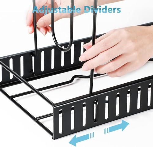 Adjustable black metal dividers are shown being inserted into a rack with slotted sections, allowing for customizable spacing to organize items efficiently.