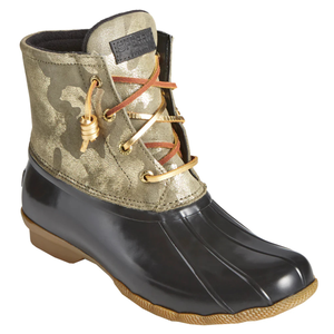 Sperry Camo Duck Boots feature a camo-patterned upper and waterproof rubber sole with a lace-up design, suitable for wet conditions.