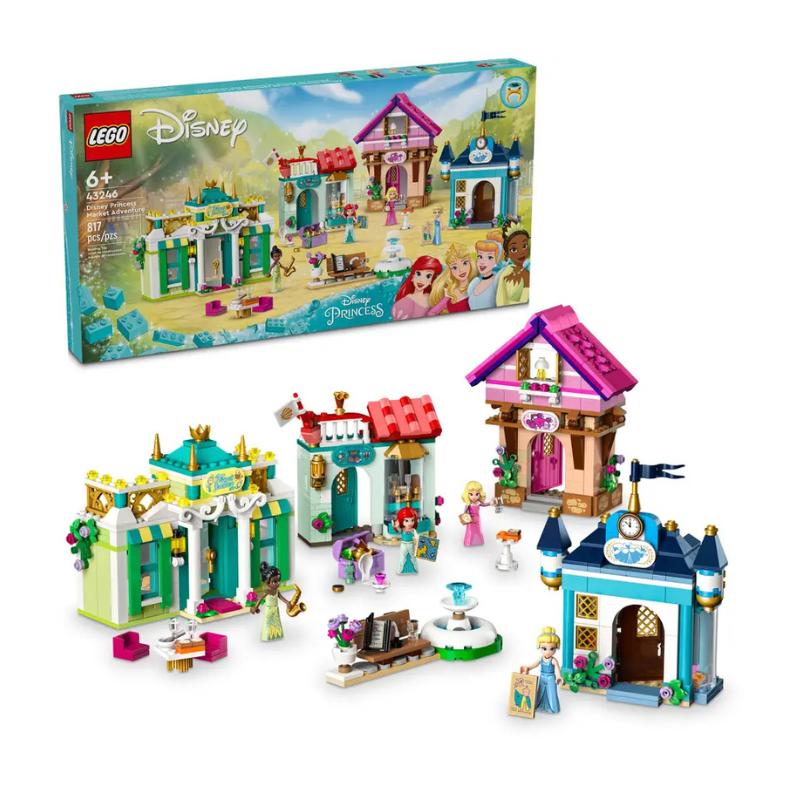 LEGO Disney Princess Adventure set for ages 6+, featuring mini-buildings and characters. Includes 817 pieces with multiple princess-themed structures.