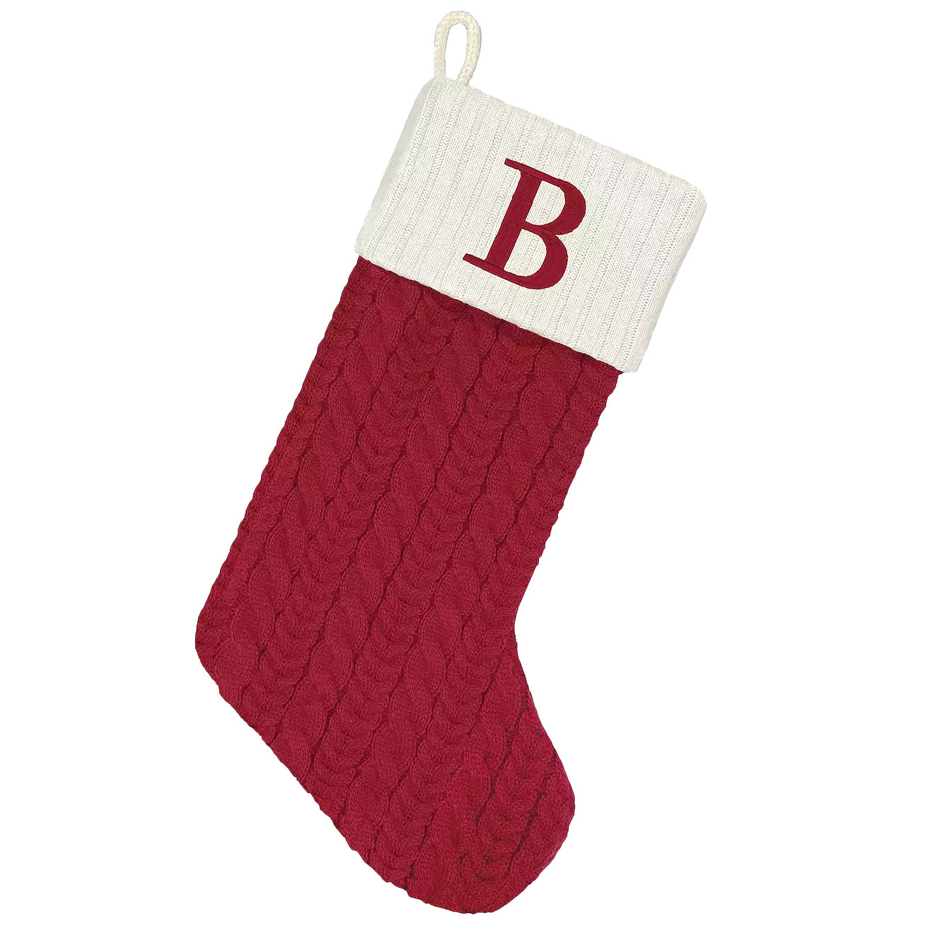 A red cable-knit Christmas stocking with a white cuff featuring a large, red letter \“B.\“ It has a hanging loop attached to the cuff.