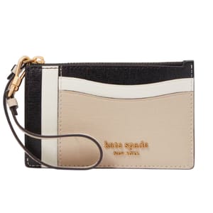 Kate Spade wristlet with color-block design in black, cream, and beige, featuring multiple card slots, a gold-tone logo, and a detachable wrist strap.