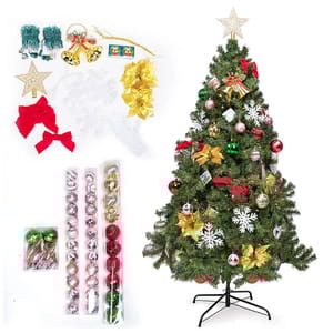 Christmas tree with decorations including a star topper, bells, bows, ornaments, snowflakes, and string lights.