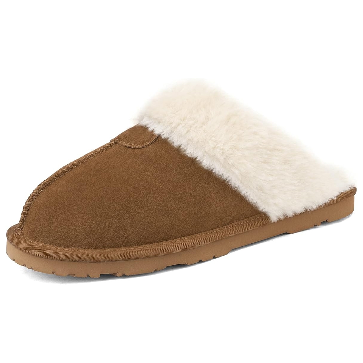 Brown faux-suede slipper with a cozy, cream-colored faux-fur lining, featuring a flat, rubber sole for comfort and indoor wear.