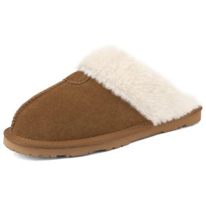 Brown faux-suede slipper with a cozy, cream-colored faux-fur lining, featuring a flat, rubber sole for comfort and indoor wear.