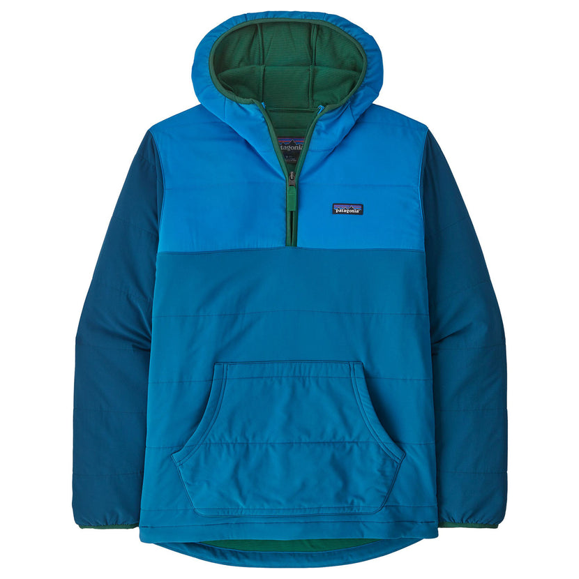 Blue and green pullover jacket with a front pocket and hood.