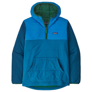 Blue and green pullover jacket with a front pocket and hood.