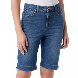 Blue denim Bermuda shorts with a mid-rise fit, featuring a classic five-pocket design and rolled cuffs.