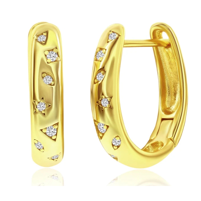 Gold hoop earrings featuring star and crescent moon cutouts, each adorned with small crystals for added sparkle.