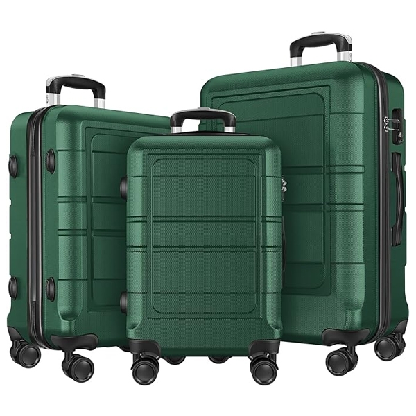 The Axidou 3 Piece Luggage Set features three textured green polycarbonate suitcases with smooth-rolling wheels and retractable handles, designed for durability and ease of transport.
