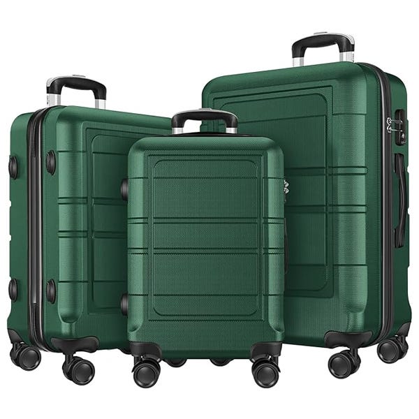 The Axidou 3 Piece Luggage Set features three textured green polycarbonate suitcases with smooth-rolling wheels and retractable handles, designed for durability and ease of transport.
