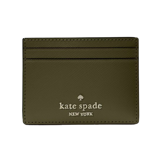 A green Kate Spade leather card holder with multiple card slots and the brand's name and spade logo on the front.