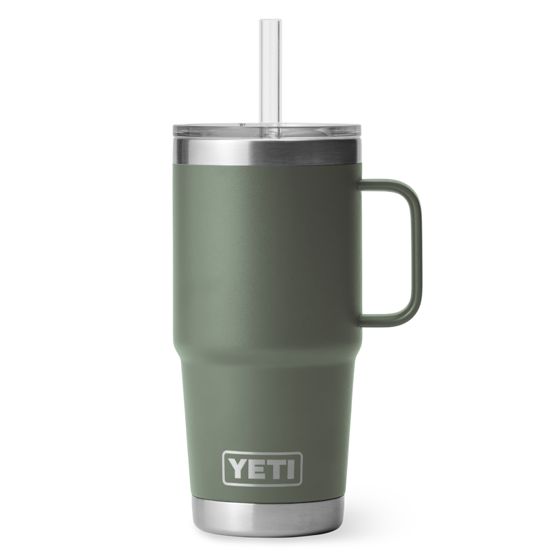 Insulated stainless steel tumbler with a handle and straw, colored in dark green and branded with the YETI logo.
